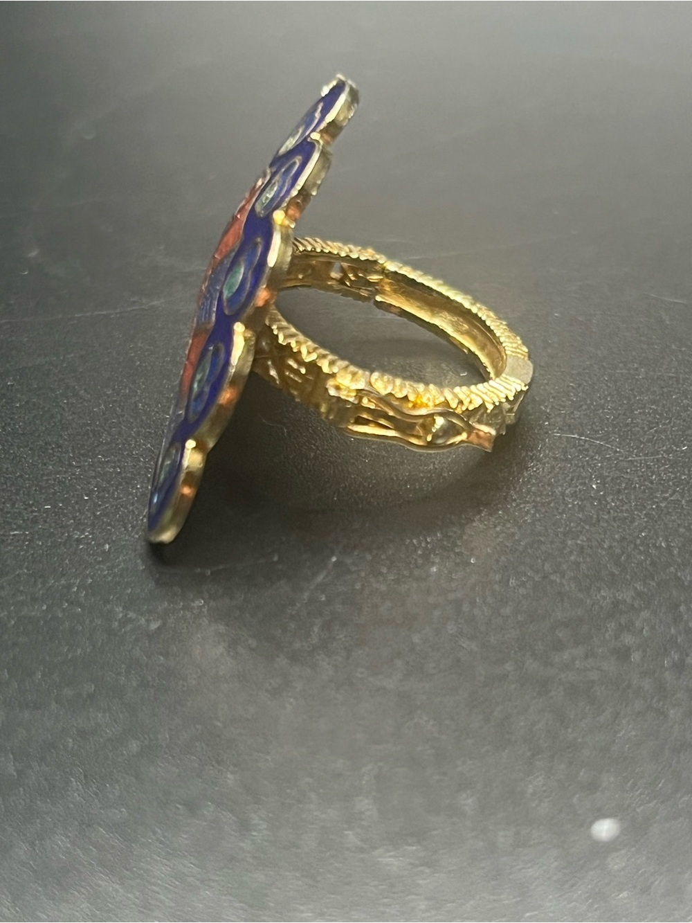 Vintage Cloisonné Peacock Adjustable Ring Blue Enamel Gold Tone - Picture 5 of 9
